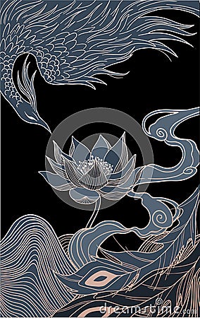 mythological bird phoenix Fenghuang and lotus Vector Illustration